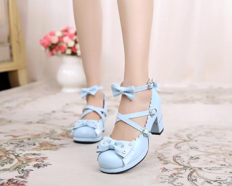 BlissGirl - Sweet Lolita Chunky High Heel Shoes With Rhinestone Bow - Light Blue / 4 - Harajuku - Kawaii - Alternative - Fashion