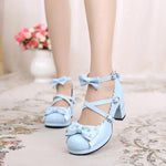 BlissGirl - Sweet Lolita Chunky High Heel Shoes With Rhinestone Bow - Light Blue / 4 - Harajuku - Kawaii - Alternative - Fashion
