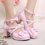 BlissGirl - Sweet Lolita Chunky High Heel Shoes With Rhinestone Bow - Pink / 4 - Harajuku - Kawaii - Alternative - Fashion