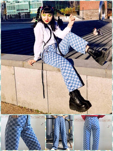 BlissGirl - Checkered Jeans - S - Harajuku - Kawaii - Alternative - Fashion