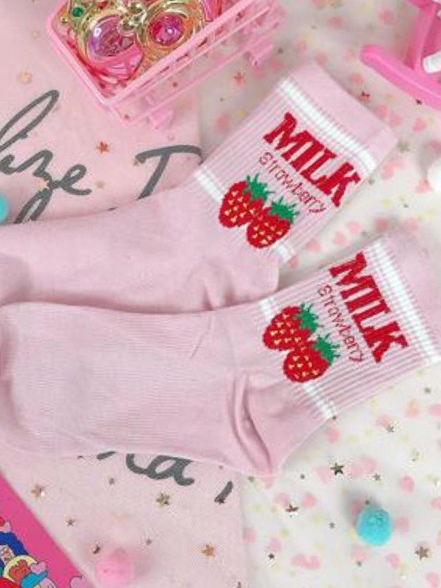 BlissGirl - Dreamy Strawberry Milk Socks - Pink Strawberry / One size - Harajuku - Kawaii - Alternative - Fashion