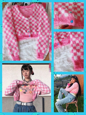 BlissGirl - Fuzzy Pink Checkered Sweater - Harajuku - Kawaii - Alternative - Fashion
