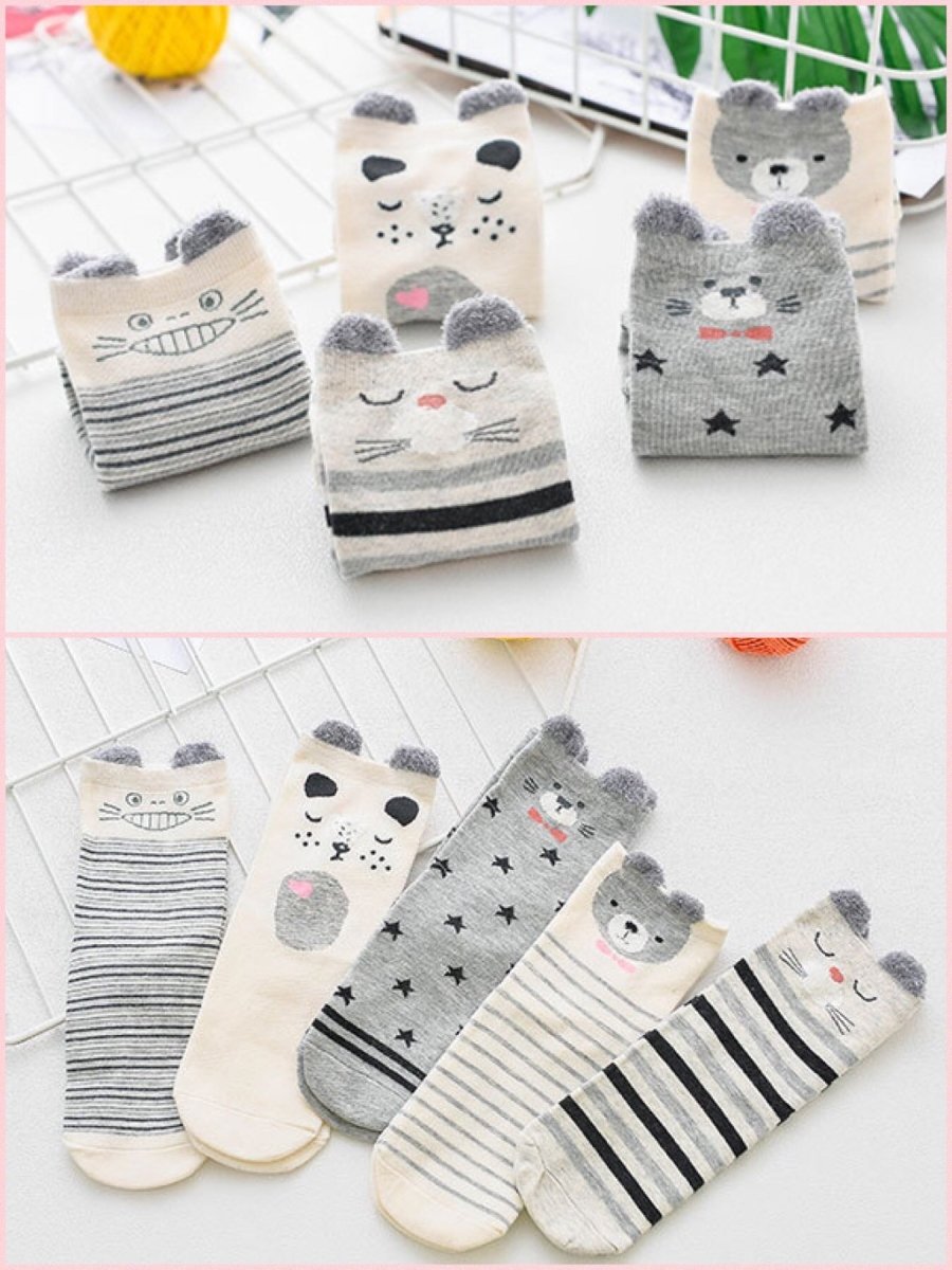 BlissGirl - Kawaii Animals Socks 5 Pack - Gray Animals - Harajuku - Kawaii - Alternative - Fashion