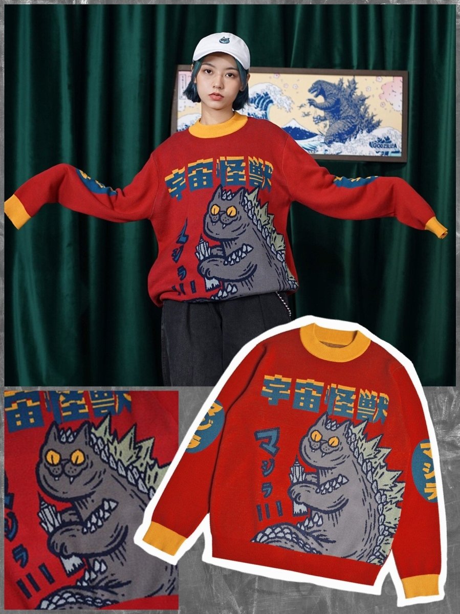 BlissGirl - Kitty Godzilla Sweater - Red / One size - Harajuku - Kawaii - Alternative - Fashion
