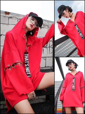 BlissGirl - Punky Metal Ring Long Hoodie Dress - Red / One Size - Harajuku - Kawaii - Alternative - Fashion