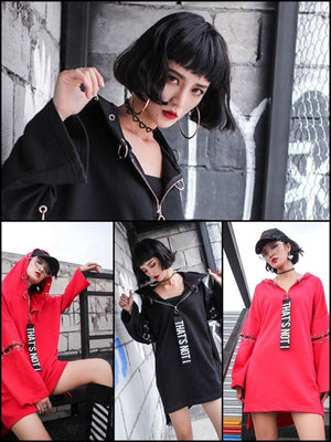 BlissGirl - Punky Metal Ring Long Hoodie Dress - Harajuku - Kawaii - Alternative - Fashion