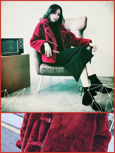 BlissGirl - Retro Buckle Fur Coat - Red / S - Harajuku - Kawaii - Alternative - Fashion