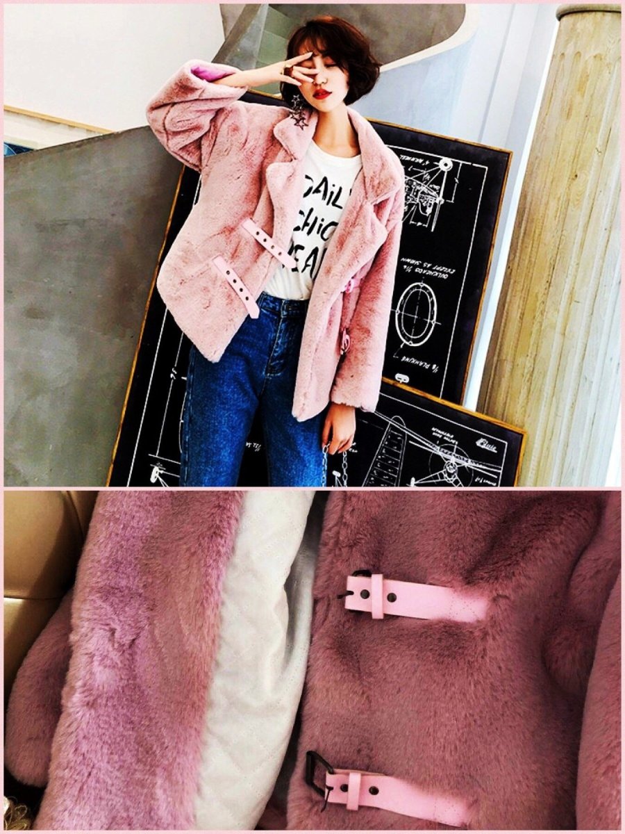 BlissGirl - Retro Buckle Fur Coat - Pink / S - Harajuku - Kawaii - Alternative - Fashion