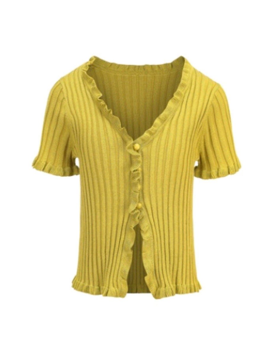BlissGirl - Ruffled Retro Cardigan - Mustard yellow / S - Harajuku - Kawaii - Alternative - Fashion