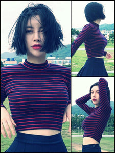 BlissGirl - Striped Cropped Mock Turtle Top - Red and Navy / One Size - Harajuku - Kawaii - Alternative - Fashion