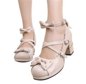 BlissGirl - Sweet Lolita Chunky High Heel Shoes With Rhinestone Bow - Beige / 4 - Harajuku - Kawaii - Alternative - Fashion