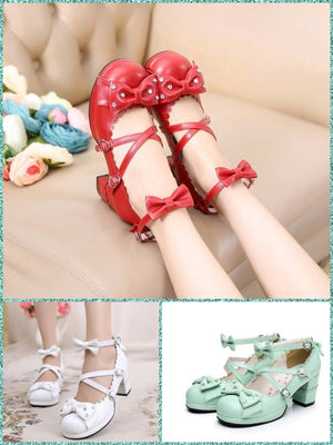 BlissGirl - Sweet Lolita Chunky High Heel Shoes With Rhinestone Bow - Harajuku - Kawaii - Alternative - Fashion